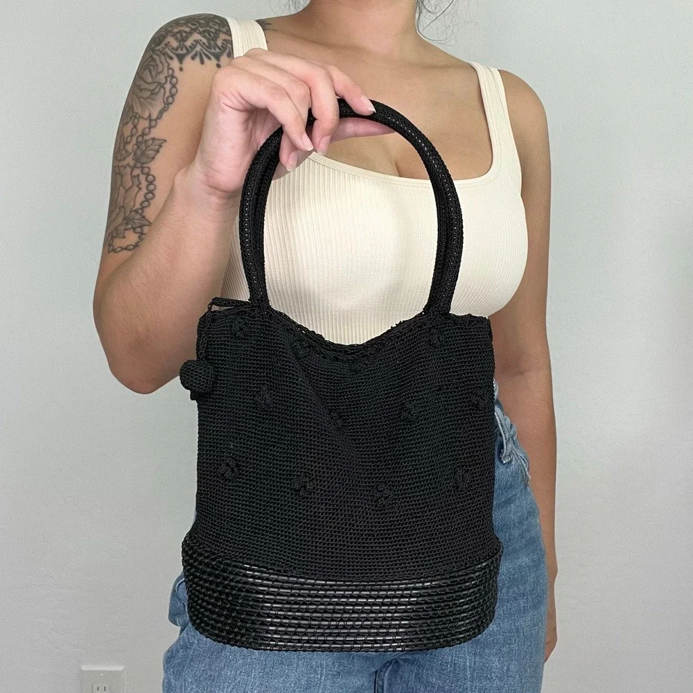 Black Woven Knit Shoulder Bag with Textured Plastic Base‎ Y2K Style Handbag